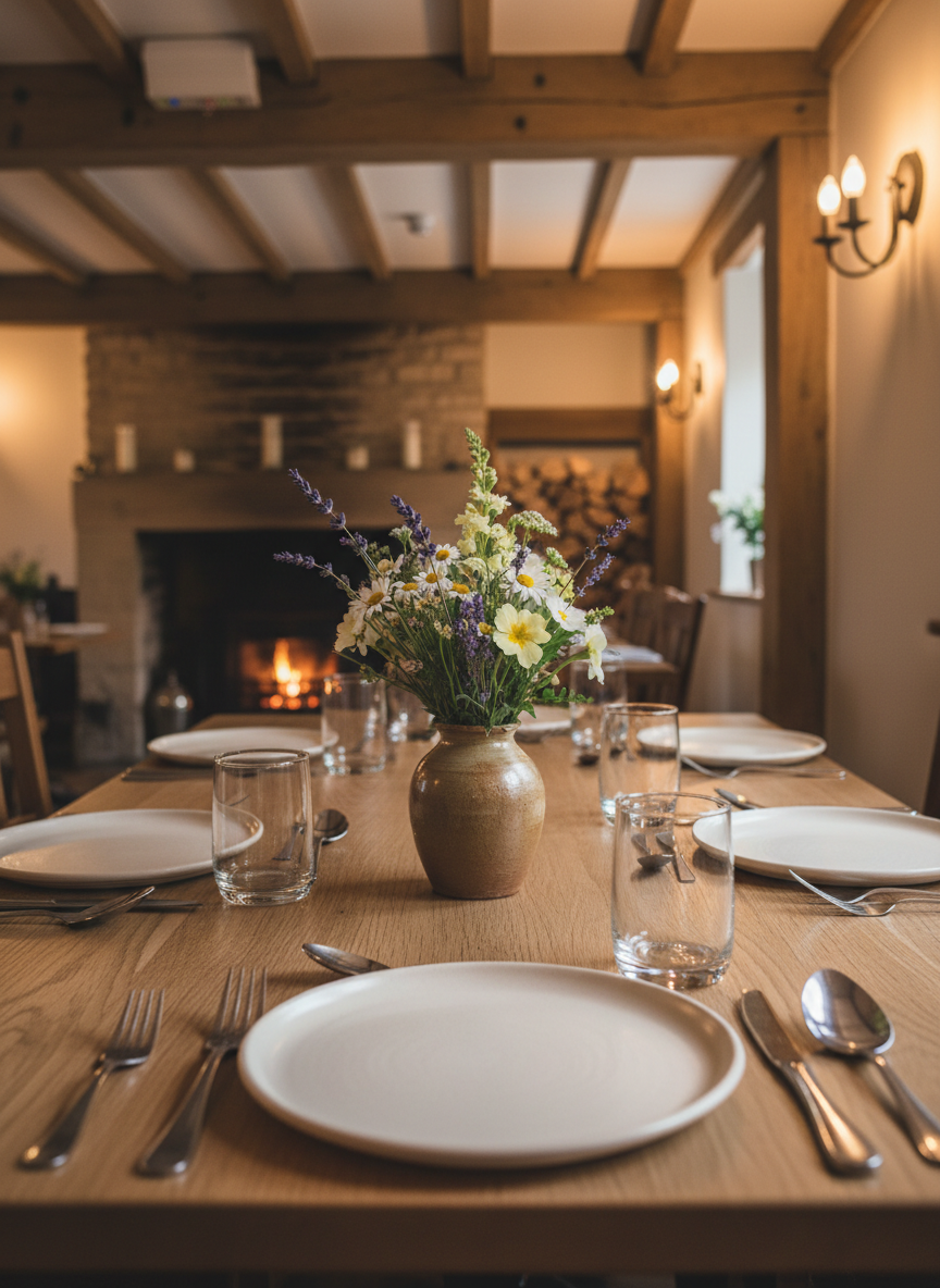 A rustic yet refined dining table setup inside a country pub, presented in photographic realism. A solid oak table with visible knots and a soft, matte finish is set with simple white stoneware plates, weighty brushed stainless-steel cutlery, and clear glasses catching the glow of nearby wall sconces. A small earthenware vase holds freshly cut countryside flowers in muted tones. The background reveals exposed wooden beams and a softly lit fireplace with neatly stacked logs, slightly out of focus. Warm, diffused lighting creates gentle highlights on the tableware and subtle shadows on the wood grain. Shot at table height with a shallow depth of field, the composition feels intimate, professional, and family friendly, emphasizing comfort and quality dining without visual clutter.
