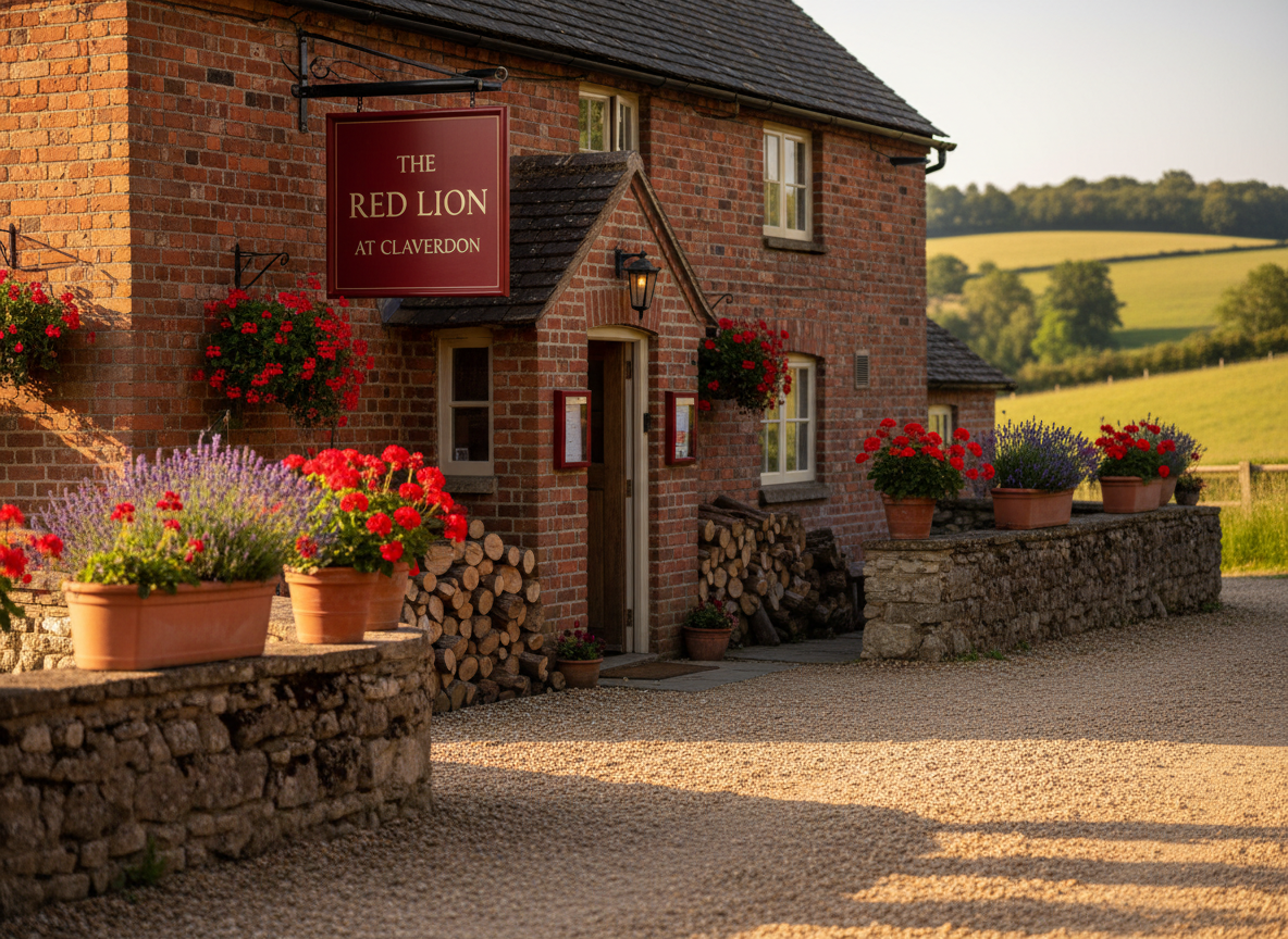 An inviting country pub exterior in photographic realism, featuring a traditional red-brick building with a freshly painted deep red sign reading “The Red Lion at Claverdon.” The pub is framed by low stone walls, overflowing planters of lavender and geraniums, and neatly stacked firewood by the entrance. Warm golden hour sunlight bathes the façade, highlighting the texture of the brick and casting long, soft shadows across a gravel pathway leading to a sturdy oak door. Shot at eye level with a gentle wide-angle lens, the composition emphasizes the welcoming entrance while rolling green countryside subtly blurs in the background, creating a calm, professional yet homely atmosphere.