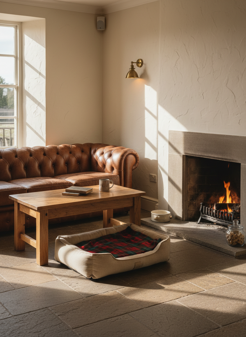 A cosy pub nook designed for families and dogs, rendered in photographic realism. A low, deep leather sofa in rich chestnut brown sits against a textured cream wall, beside a solid wood coffee table showing natural grain and slight wear. On the floor, a plush, neutral-toned dog bed with a neatly folded tartan blanket rests near a heavy stone fireplace, where a small, controlled fire glows warmly. Natural afternoon light filters through a nearby window, complemented by a single warm wall lamp, casting soft shadows on the flagstone floor. A discreet water bowl and bone-shaped biscuit jar sit by the hearth. Captured from a slightly elevated, three-quarter angle, the scene feels welcoming, relaxed, and thoughtfully designed for both families and their pets.