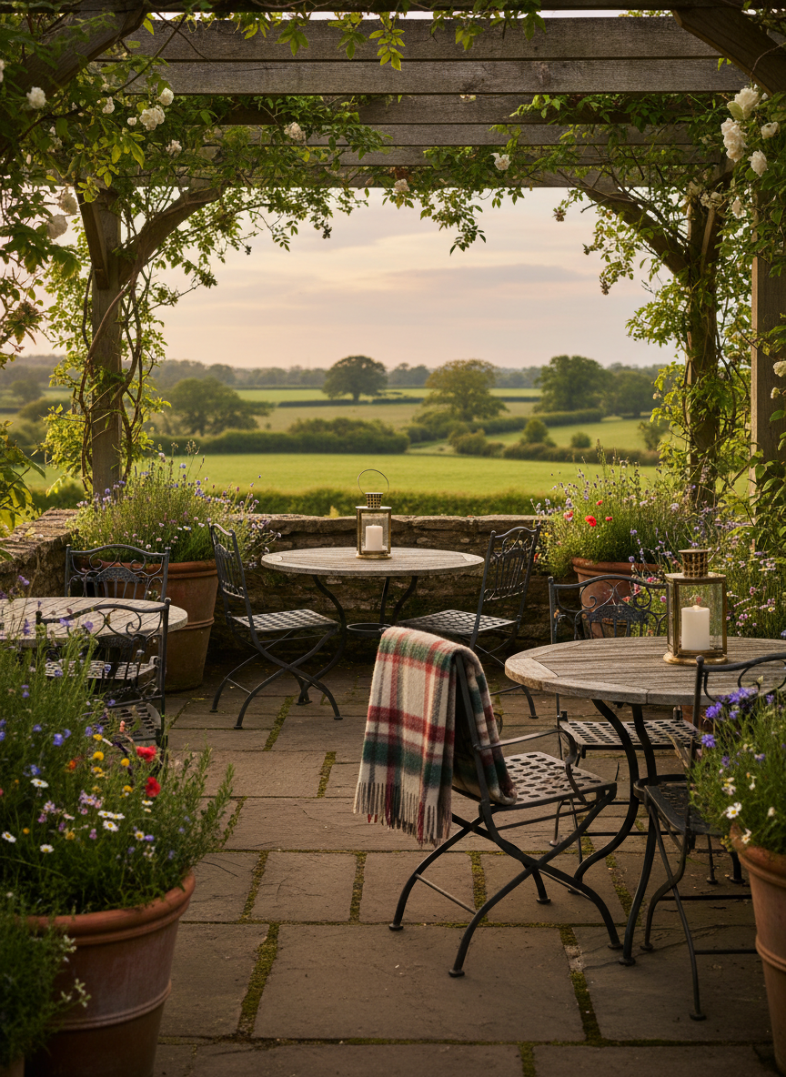 A hidden countryside terrace belonging to The Red Lion at Claverdon, captured in photographic realism from a slightly elevated corner angle. Weathered wooden tables and sturdy wrought-iron chairs are arranged on a stone-flagged patio, bordered by overflowing planters of herbs and wildflowers. Beyond the terrace, expansive rolling fields and distant hedgerows stretch under a soft late-afternoon sky. Warm, natural sunlight casts dappled shadows through a pergola draped in climbing greenery, creating a tranquil, secluded feel. A neatly folded wool blanket rests on one chair, and a small lantern sits at the table’s center. The mood is calm, welcoming, and subtly luxurious, with sharp detail in the foreground and a gentle bokeh in the distant landscape.