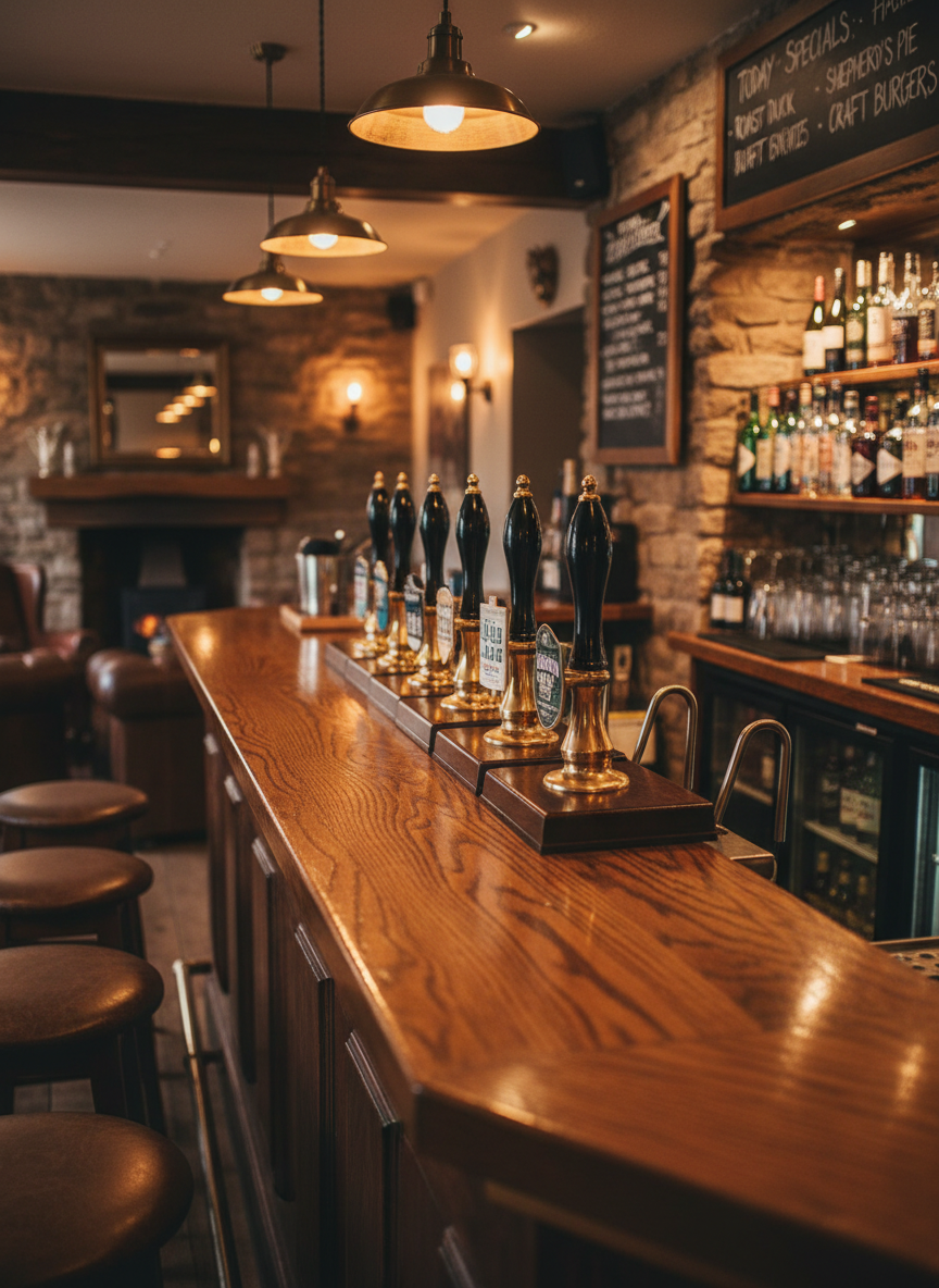 A beautifully composed interior bar scene in photographic realism, showcasing a polished dark oak bar counter with subtle grain patterns and a row of gleaming brass beer taps labeled with local ales. The bar back is lined with neatly arranged bottles, glassware catching warm pendant lighting that reflects softly on the wooden surfaces. A chalkboard menu with carefully written specials hangs on a rustic stone wall behind. The lighting is warm and even, creating gentle highlights on the brass and glass, and soft shadows beneath the counter. Captured from a slightly elevated angle, the image uses shallow depth of field to keep the bar in crisp focus while the rest of the cosy pub interior fades into a soft, inviting blur.